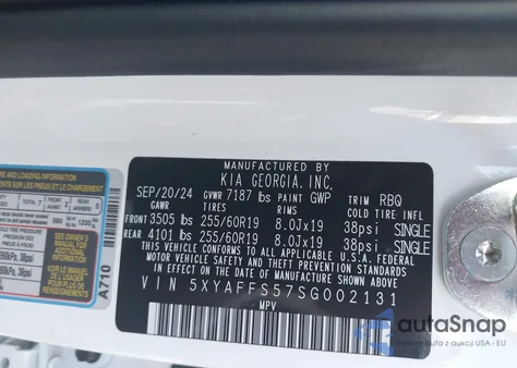 2025 Kia Ev9 Wind z USA, uszkodzony, nr VIN 5XYAFFS57SG002131